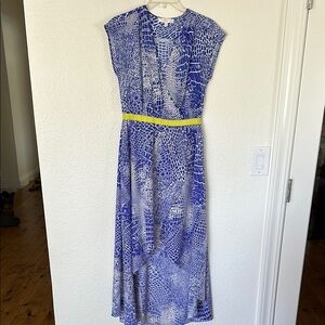 MM couture Blue and White Patterned Dress with Yellow Accent